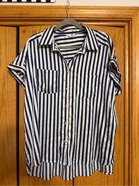 entro Blue and White Vertical Stripe Button-Up Satin Blouse